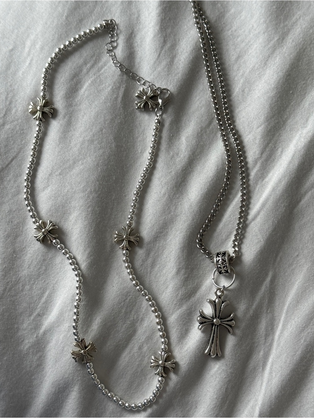 Silver Cross Pendant Necklace with Flower Link Station Chain